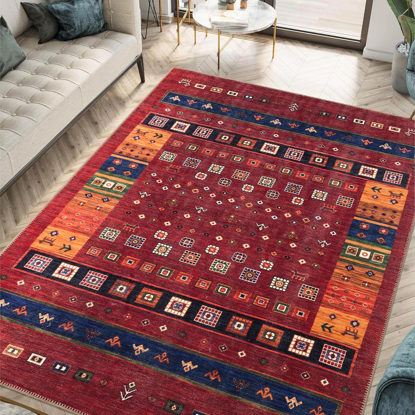 Turkish Rug Ethnic Patterned Red Boho Living Room Kitchen and Bedroom