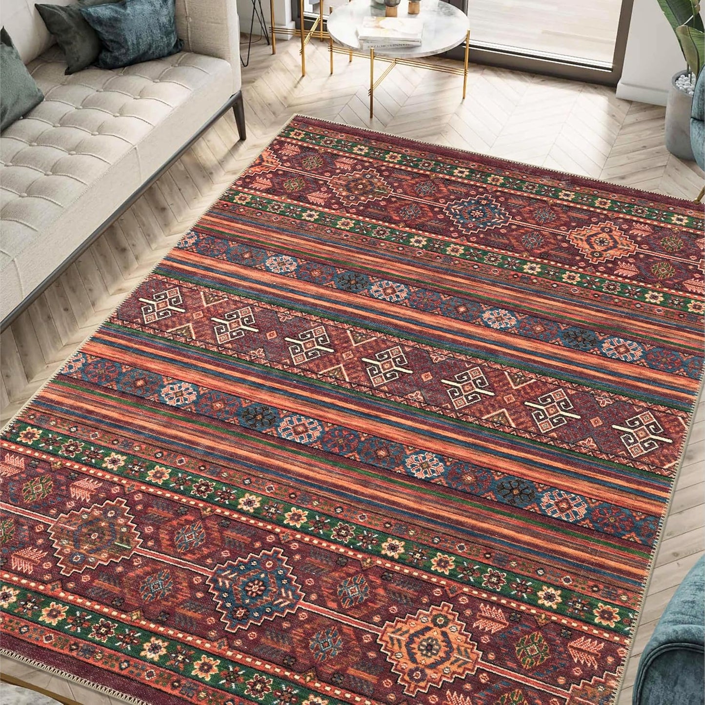 Turkish Rug Ethnic Patterned Red Boho Living Room Kitchen and Bedroom