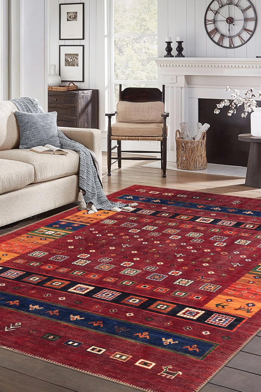 Turkish Rug Ethnic Patterned Red Boho Living Room Kitchen and Bedroom