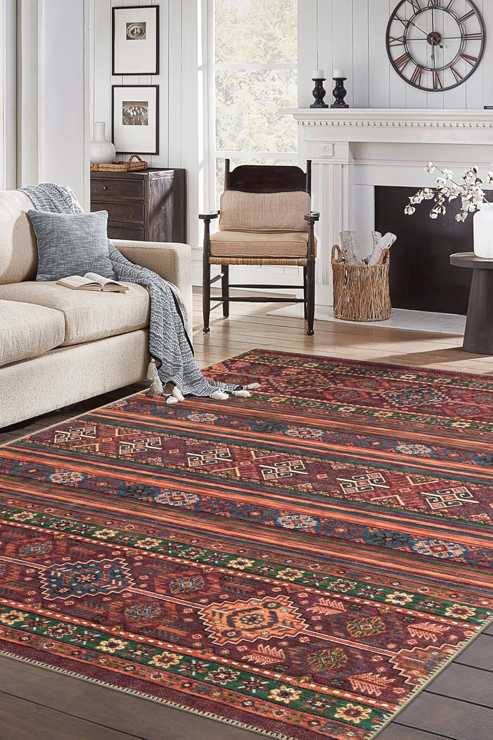 Turkish Rug Ethnic Patterned Red Boho Living Room Kitchen and Bedroom