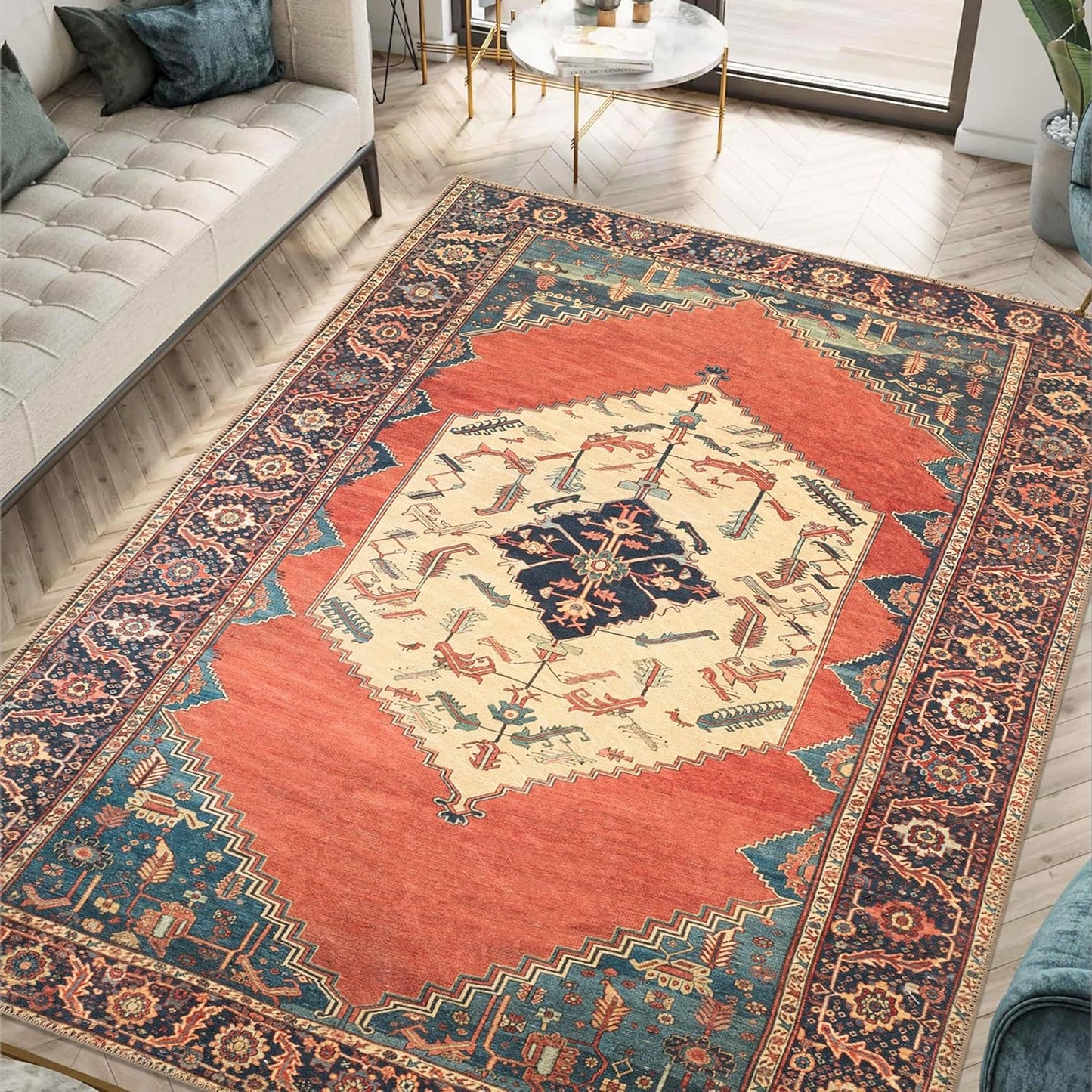 Turkish Rug Red Yellow Boho Living Room Kitchen and Bedroom