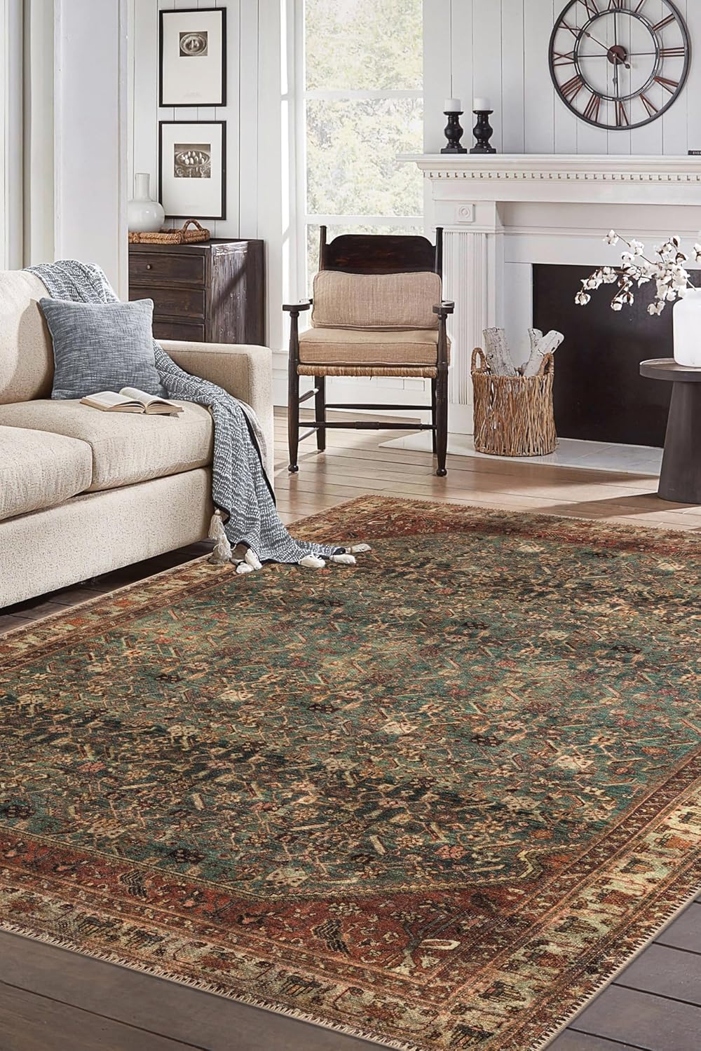 Turkish Rug Forest Green Brown Boho Living Room Kitchen and Bedroom