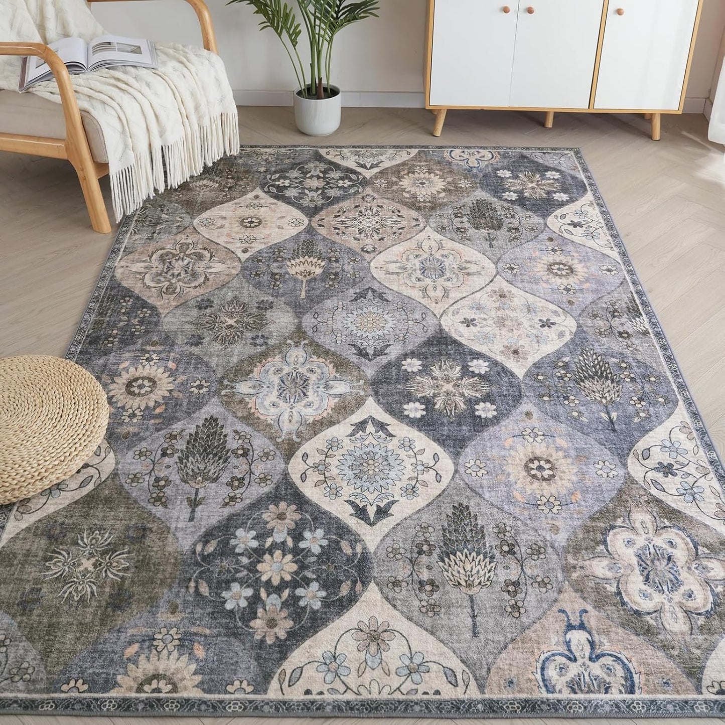 Turkish Blue grey Rug Non Slip Modern Living Room Kitchen and Bedroom
