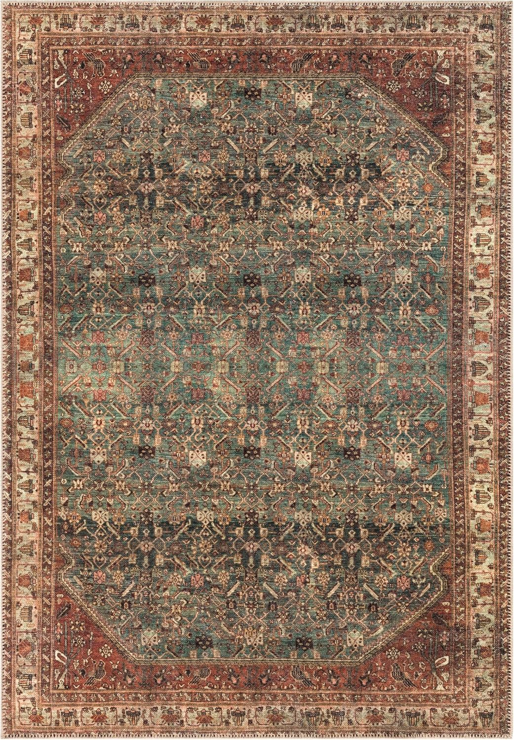 Turkish Rug Forest Green Brown Boho Living Room Kitchen and Bedroom
