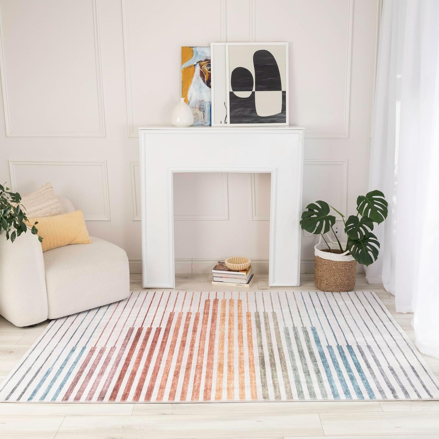 Modern Beige White Boho Rug Living Room Kitchen and Bedroom