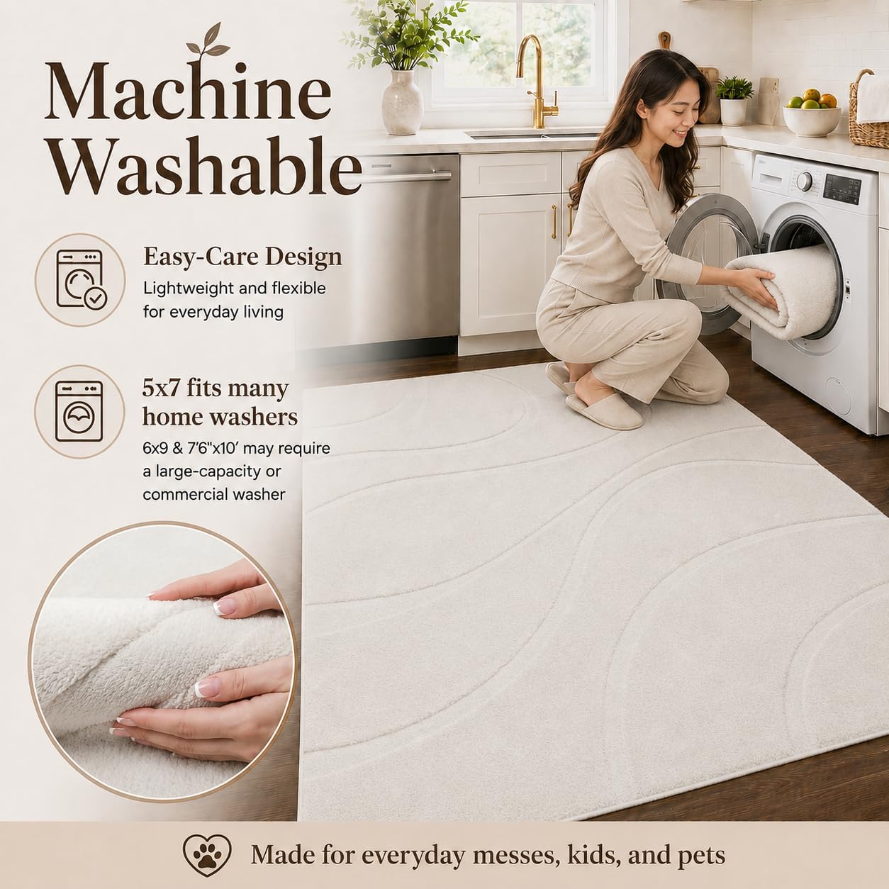 Pearl Hills Cream Washable Rug - Rugsco.ca