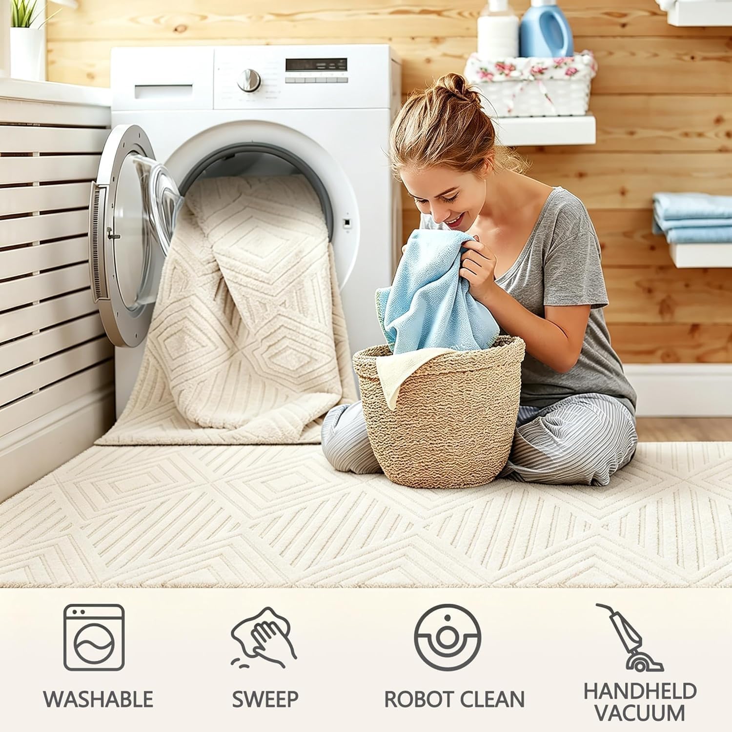Checkered Cream Boho Washable Rug - Rugsco.ca