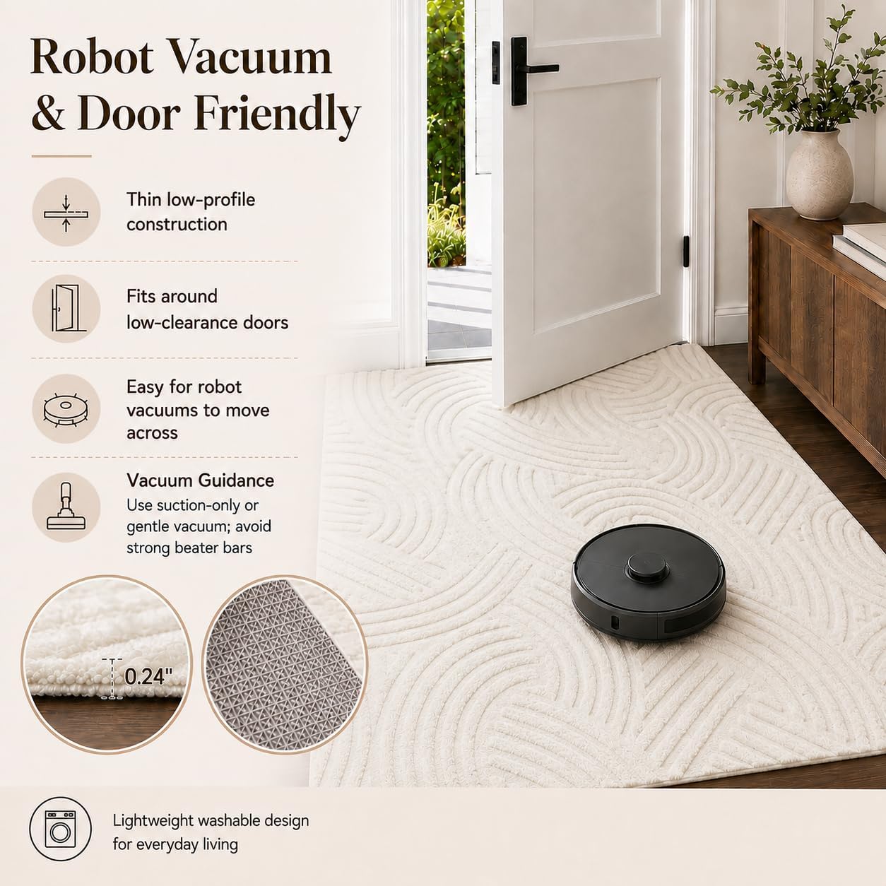 Velvet Crescent Cream Washable Rug - Rugsco.ca