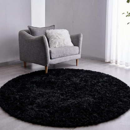 Round Fluffy Rug Black Plain 