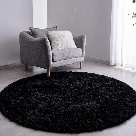 Round Fluffy Rug Black Plain 