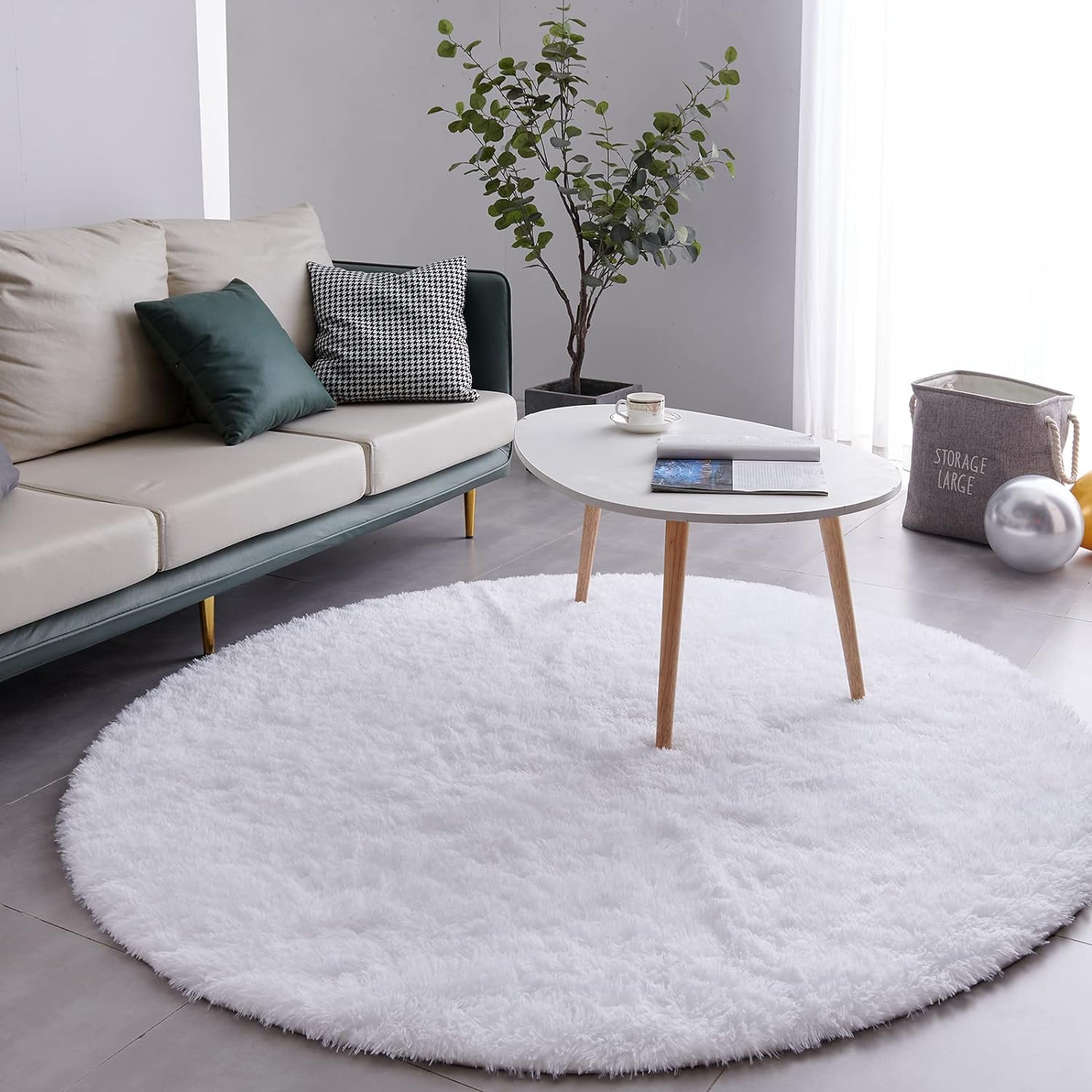 Round Fluffy Rug White Plain 