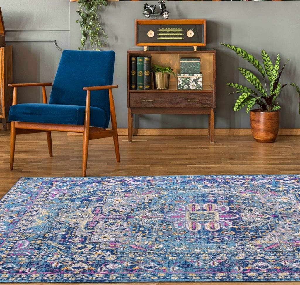 Persian Rug Traditional Blue Pink Multicolor Area Rug  