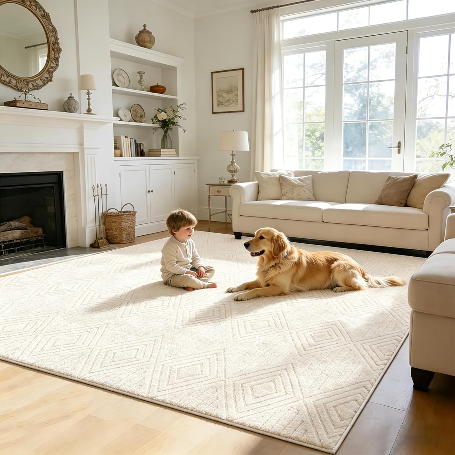 Checkered Cream Boho Washable Rug - Rugsco.ca