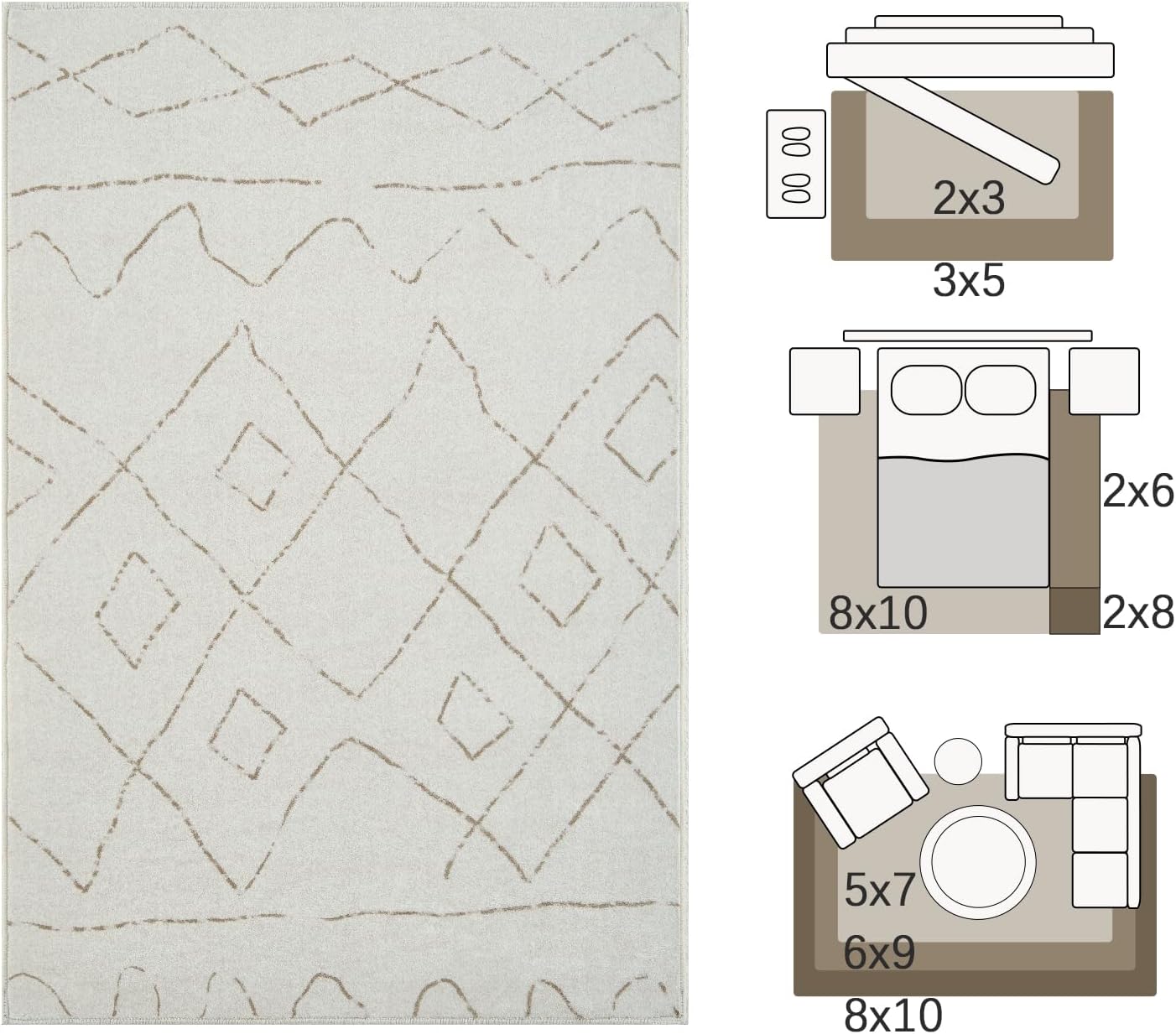Boho Beige Non Slip Modern  Living Room Kitchen and Bedroom