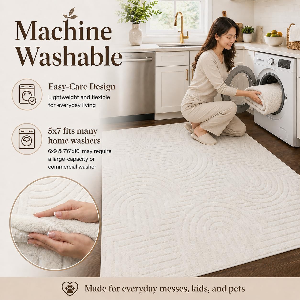 Circles Cream Washable Rug - Rugsco.ca