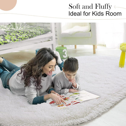 Oval Fluffy Rug White Plain 3x10