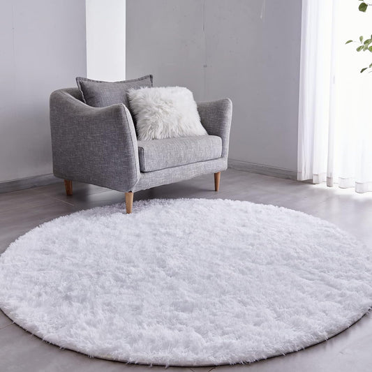 Round Fluffy Rug White Plain 