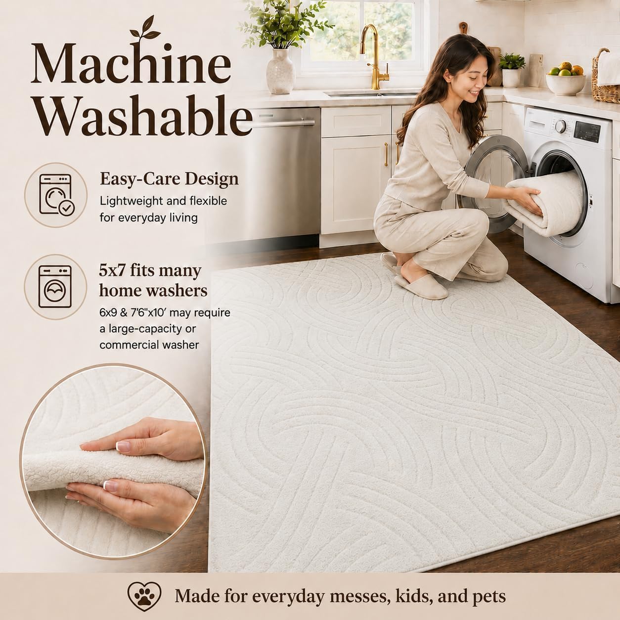 Crescent Cream Washable Rug - Rugsco.ca