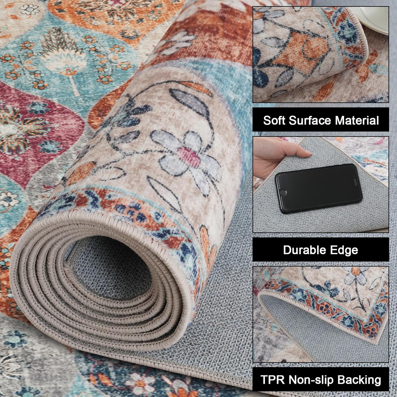 Turkish Blue Rug Non Slip Modern  Living Room Kitchen and Bedroom
