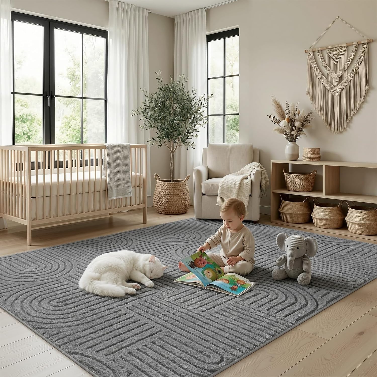 Grey Geometric Washable Rug - Rugsco.ca
