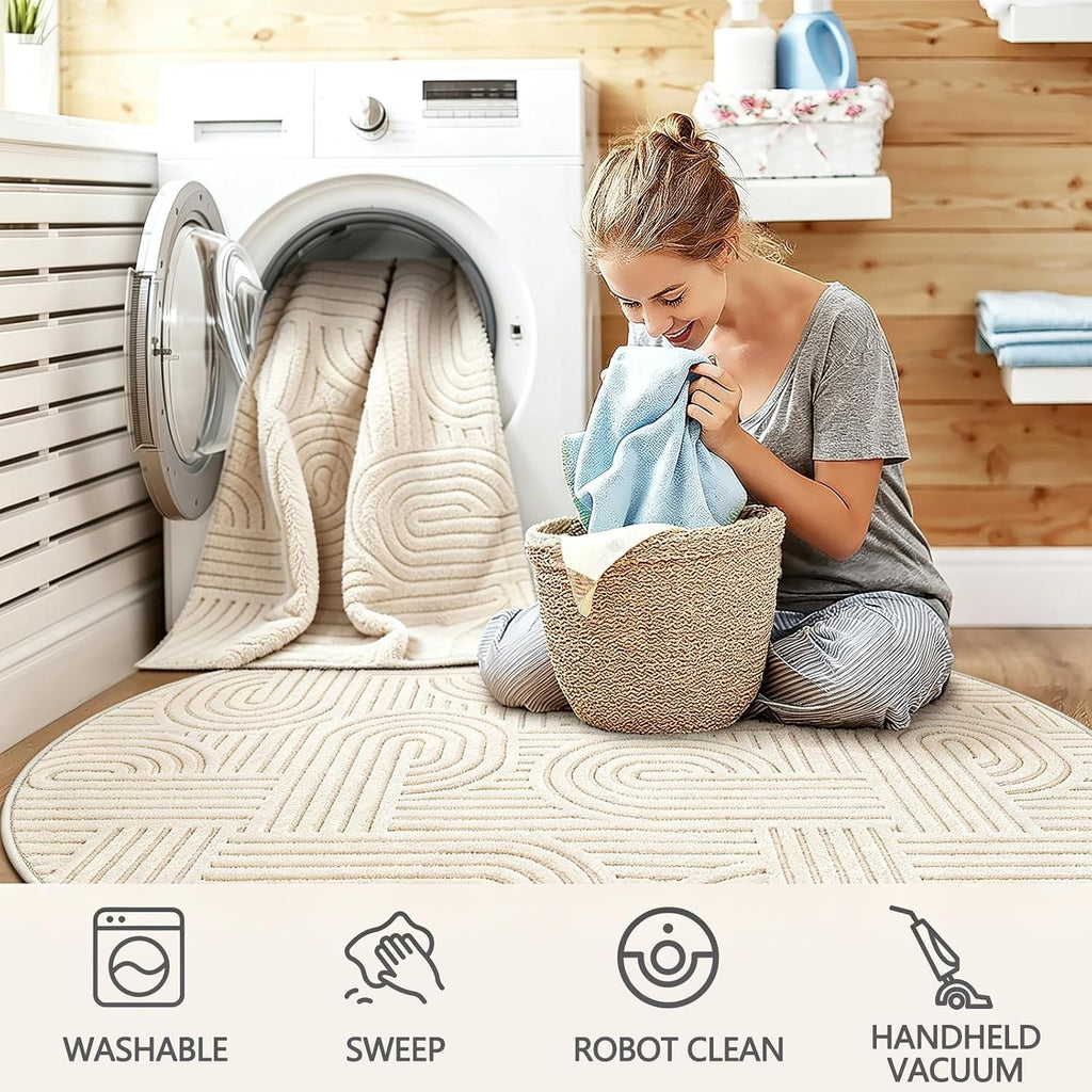 Arch Cream Boho Round Washable Rug - Rugsco.ca