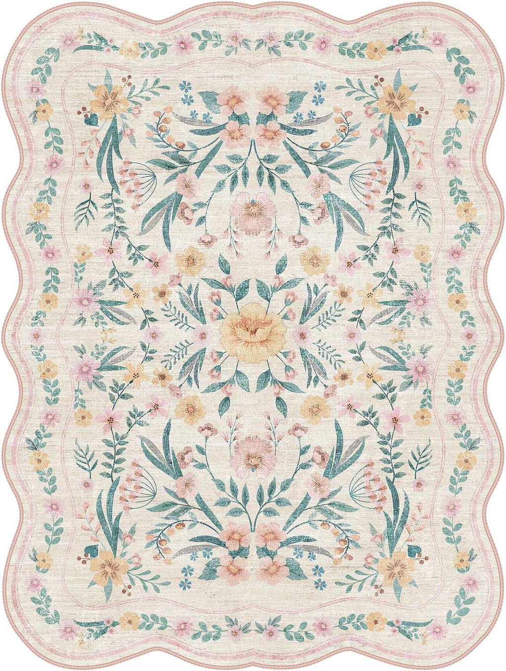 Pink Scalloped Floral Washable Rug - Rugsco.ca