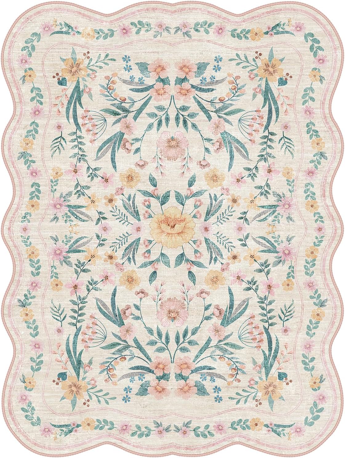 Pink Scalloped Floral Washable Rug - Rugsco.ca