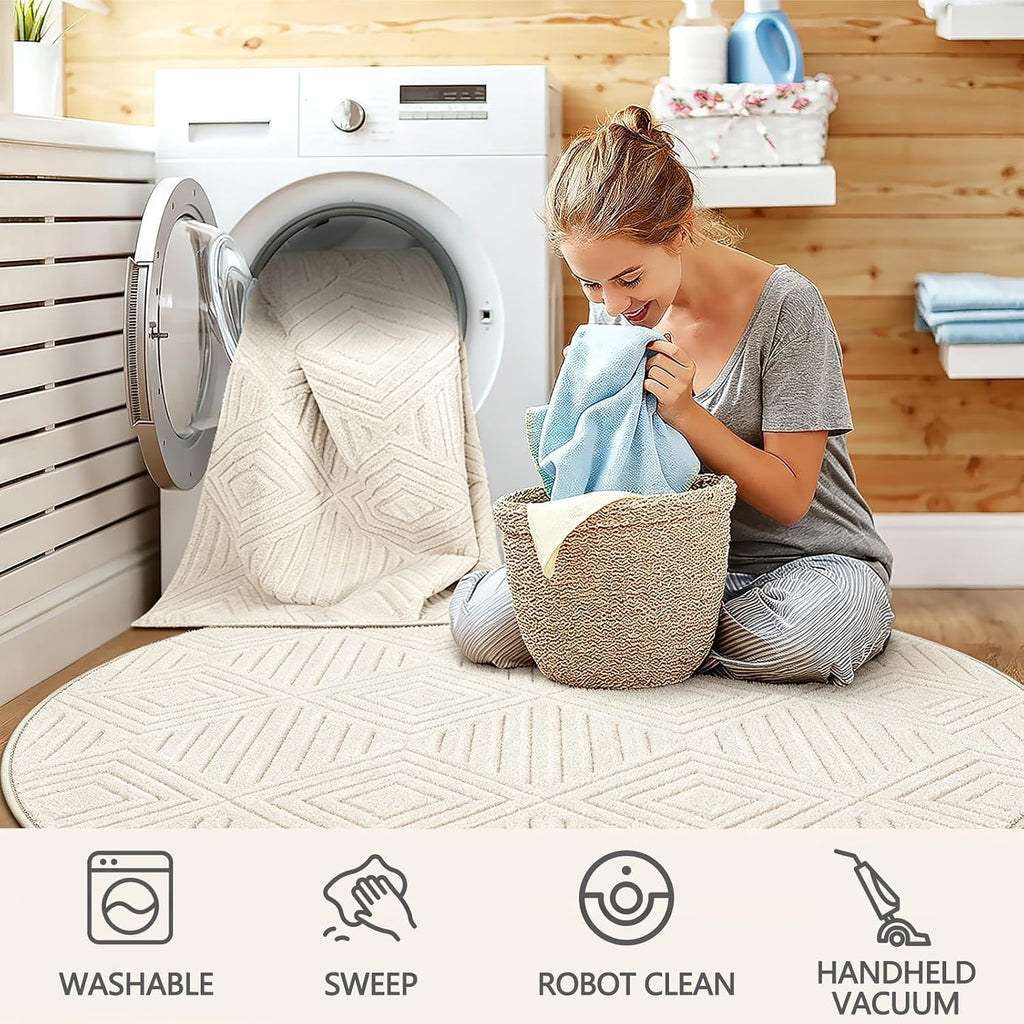 Checkered Cream Boho Round Washable Rug - Rugsco.ca