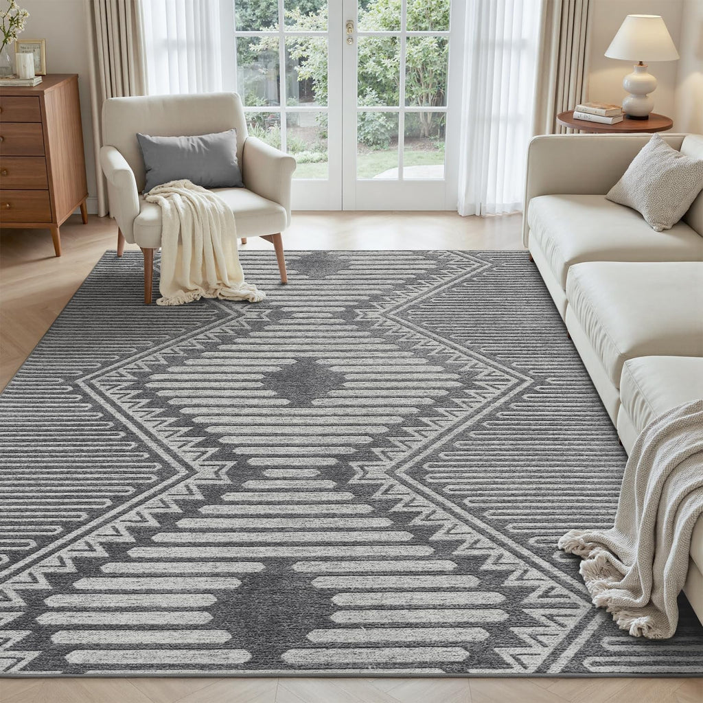 Grey Tufted Boho Geometric Washable Rug - Rugsco.ca