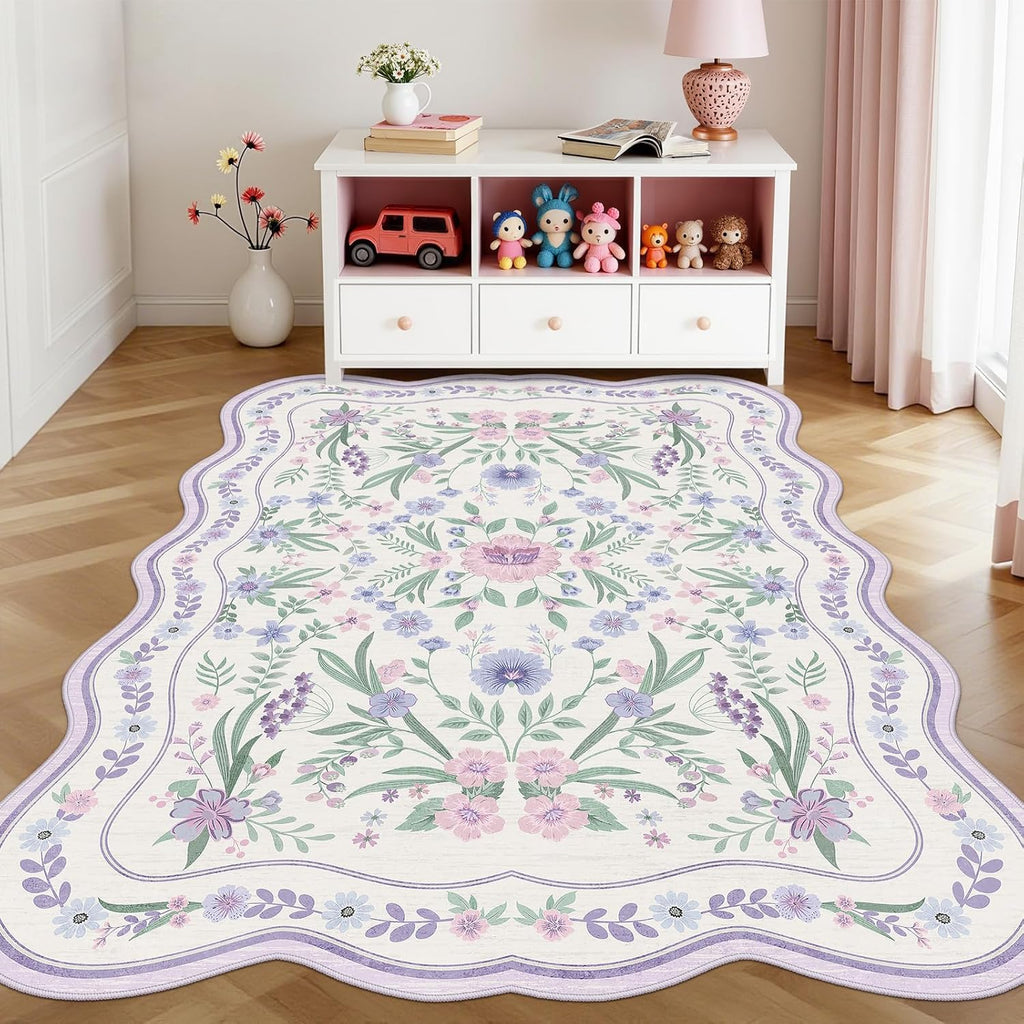 Purple Scalloped Floral Washable Rug - Rugsco.ca