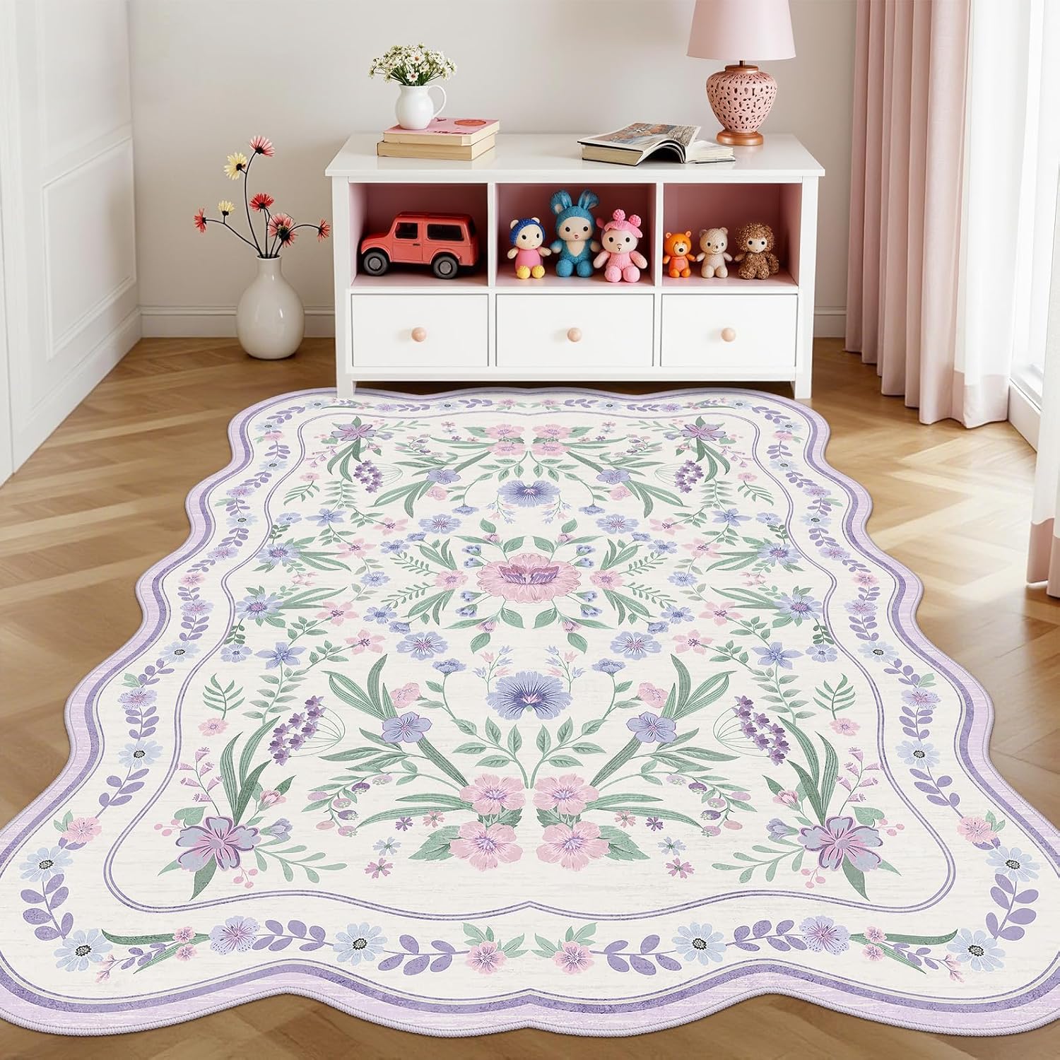 Purple Scalloped Floral Washable Rug - Rugsco.ca