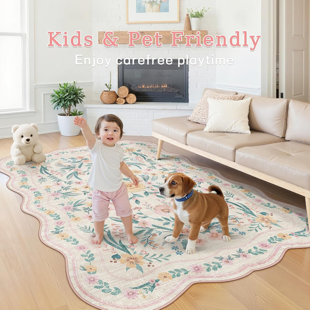 Pink Scalloped Floral Washable Rug - Rugsco.ca