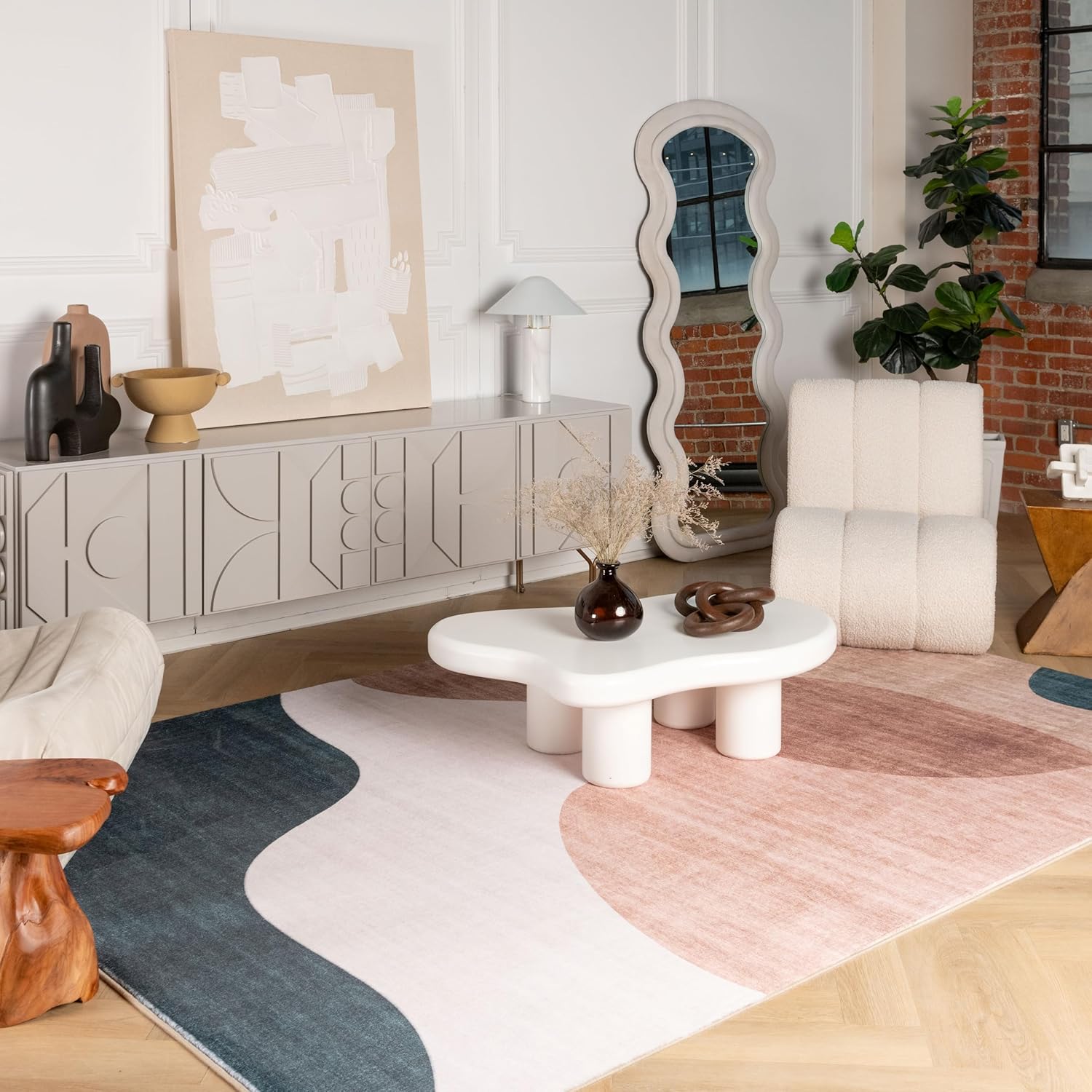 Modern Green Cream Rug Boho Modern  Living Room Kitchen and Bedroom