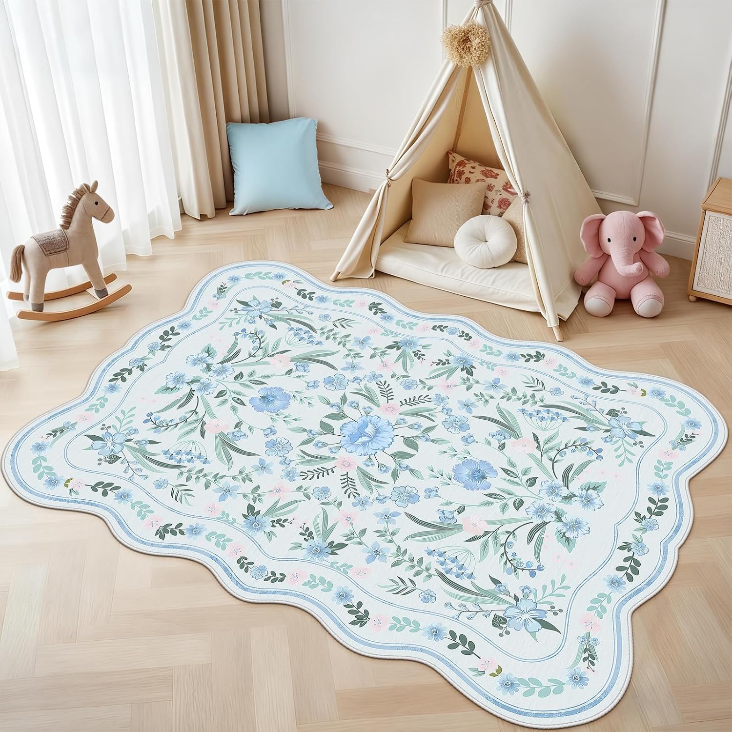 Blue Scalloped Floral Washable Rug - Rugsco.ca
