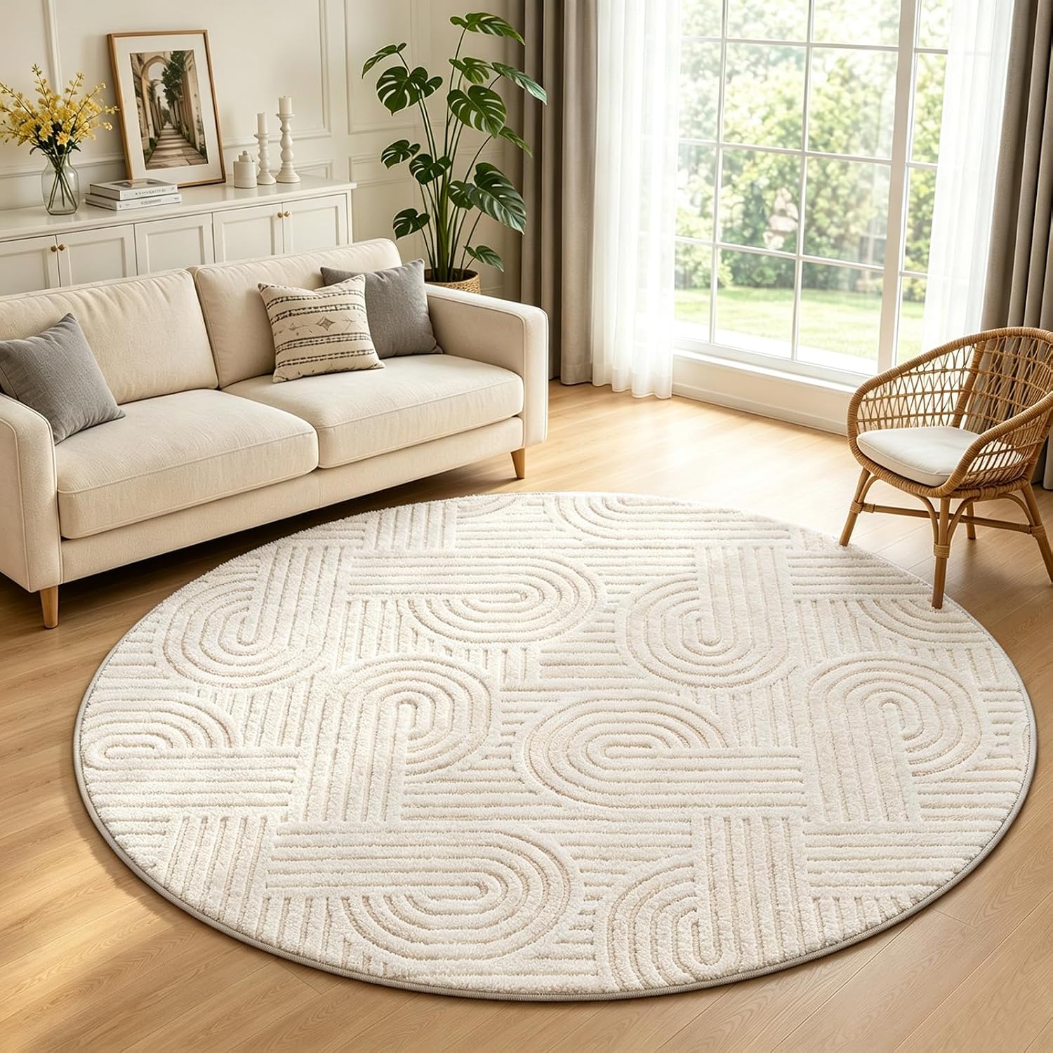 Arch Cream Boho Round Washable Rug - Rugsco.ca