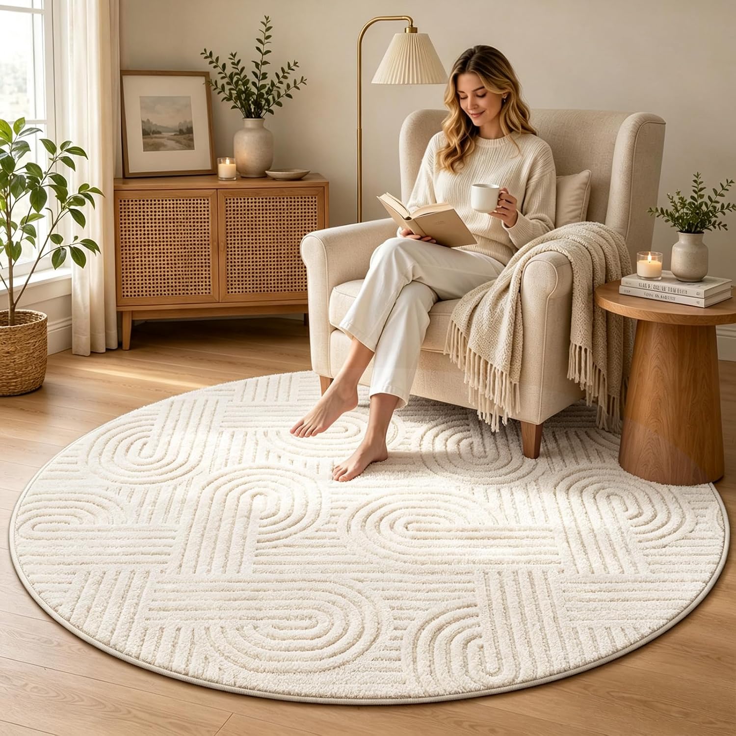 Arch Cream Boho Round Washable Rug - Rugsco.ca