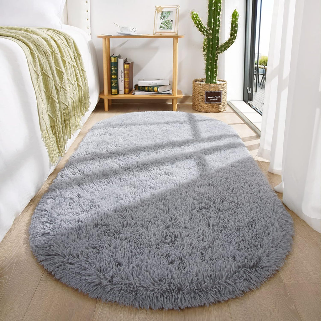 Oval Fluffy Rug Grey Plain 3x7