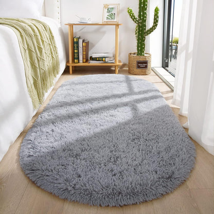 Oval Fluffy Rug Grey Plain 3x7