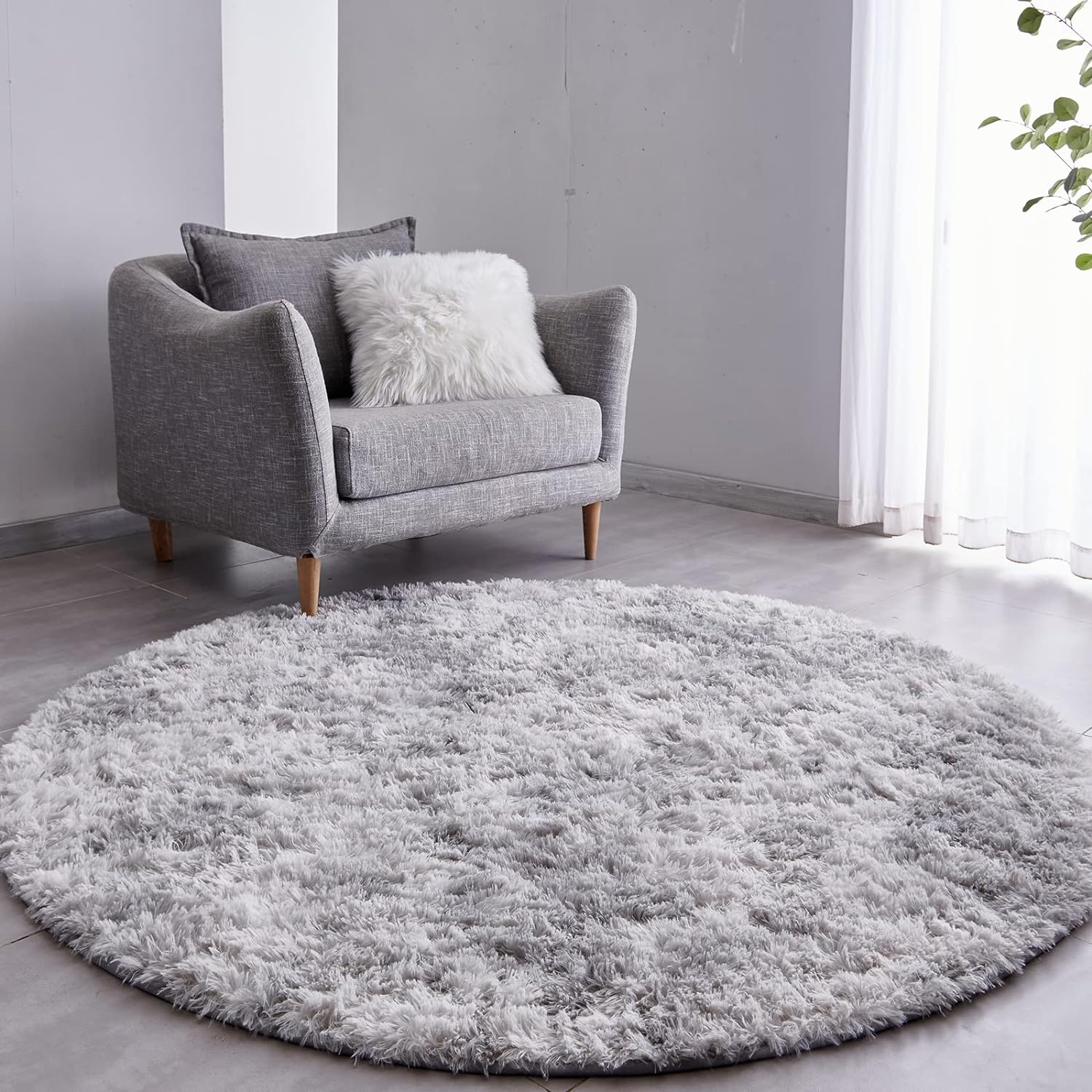 Round Fluffy Rug Cloud Grey Plain 