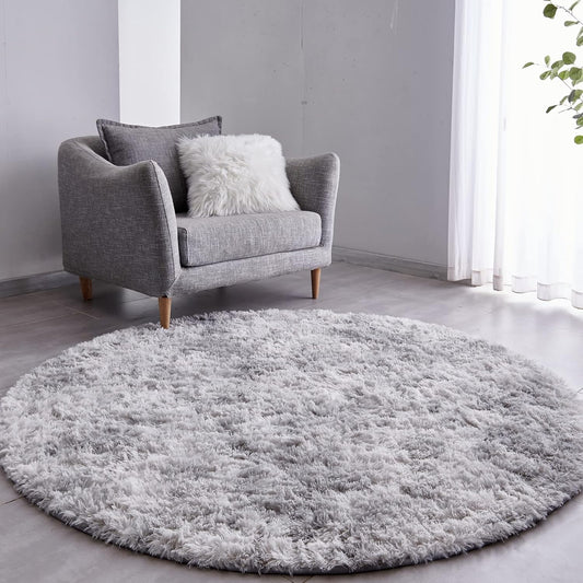 Round Fluffy Rug Cloud Grey Plain 