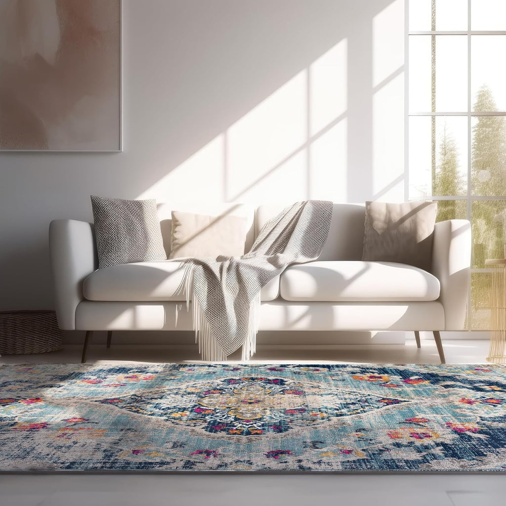 Modern Abstract Rug Blue Boho Modern  Living Room Kitchen and Bedroom