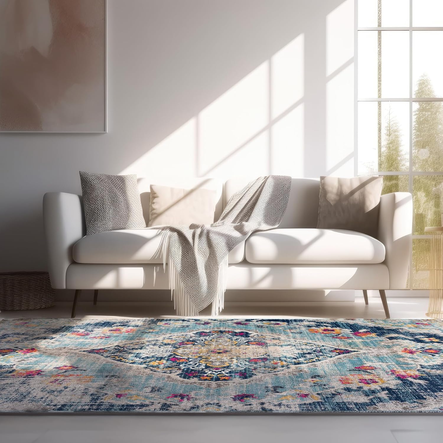 Modern Abstract Rug Blue Boho Modern  Living Room Kitchen and Bedroom