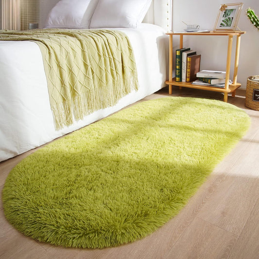 Oval Fluffy Rug White Plain 3x5