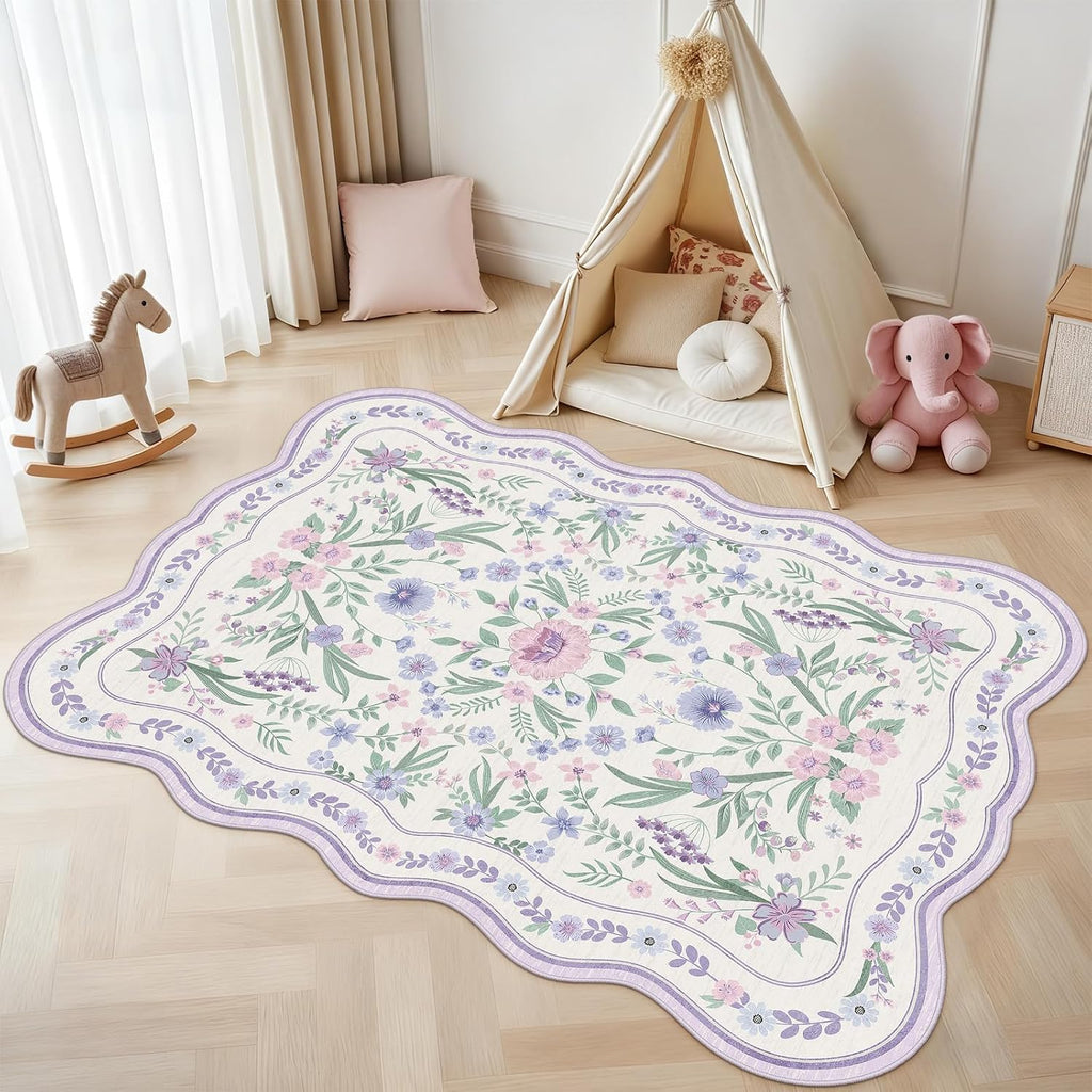 Purple Scalloped Floral Washable Rug - Rugsco.ca