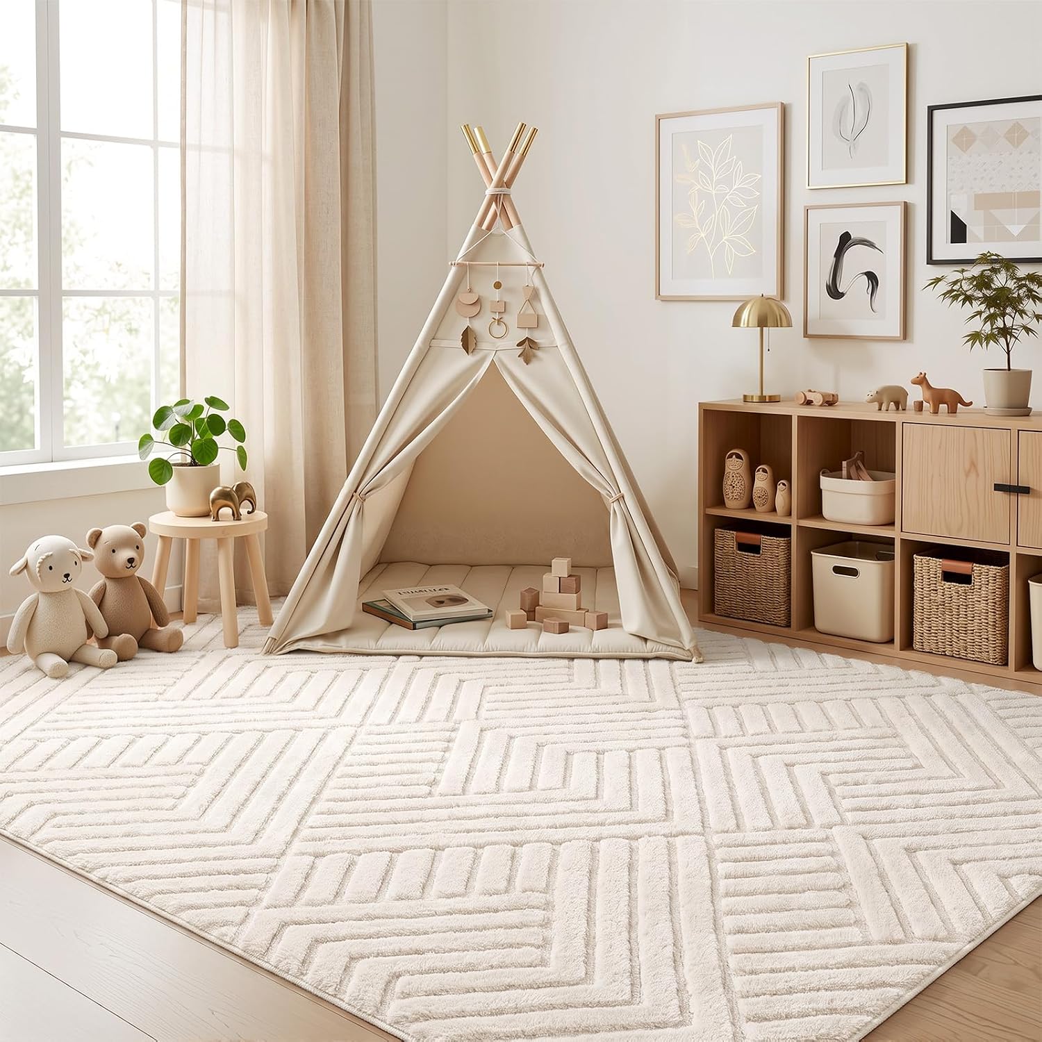 Beige Stripe Washable Rug - Rugsco.ca