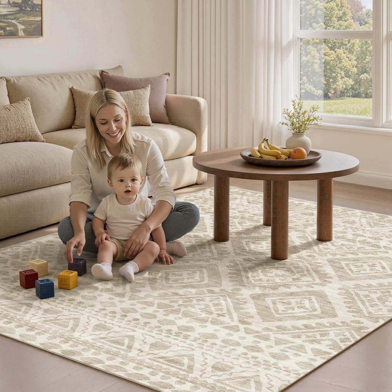 Beige Moroccan Boho Washable Rug - Rugsco.ca