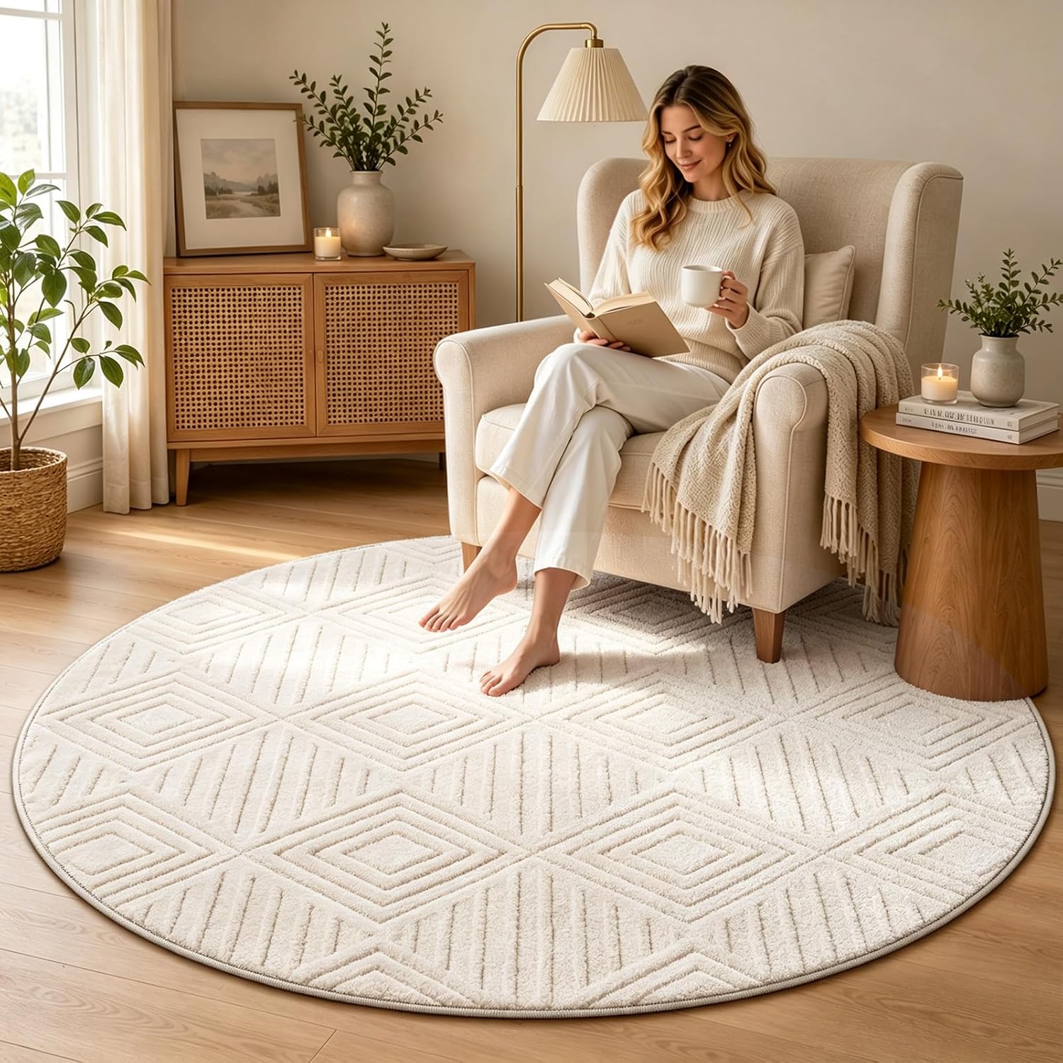 Checkered Cream Boho Round Washable Rug - Rugsco.ca