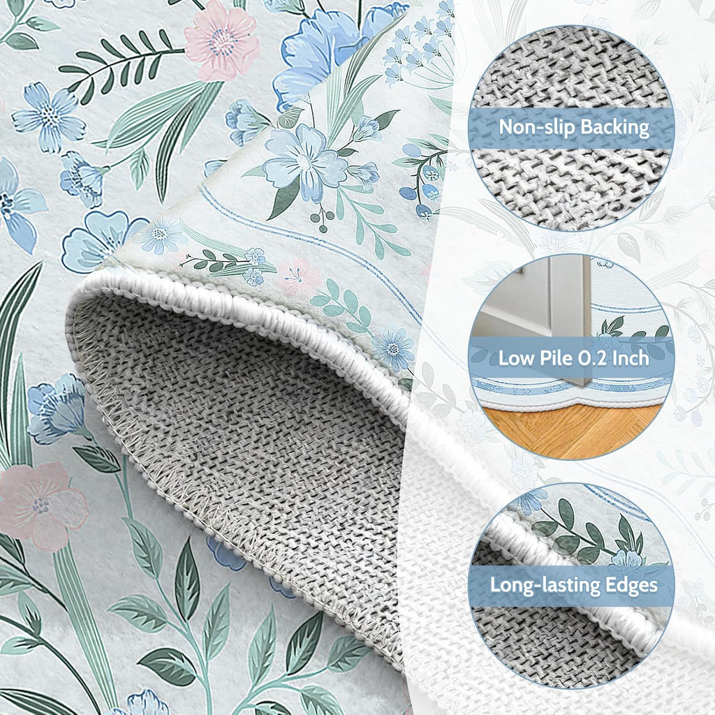 Blue Scalloped Floral Washable Rug - Rugsco.ca