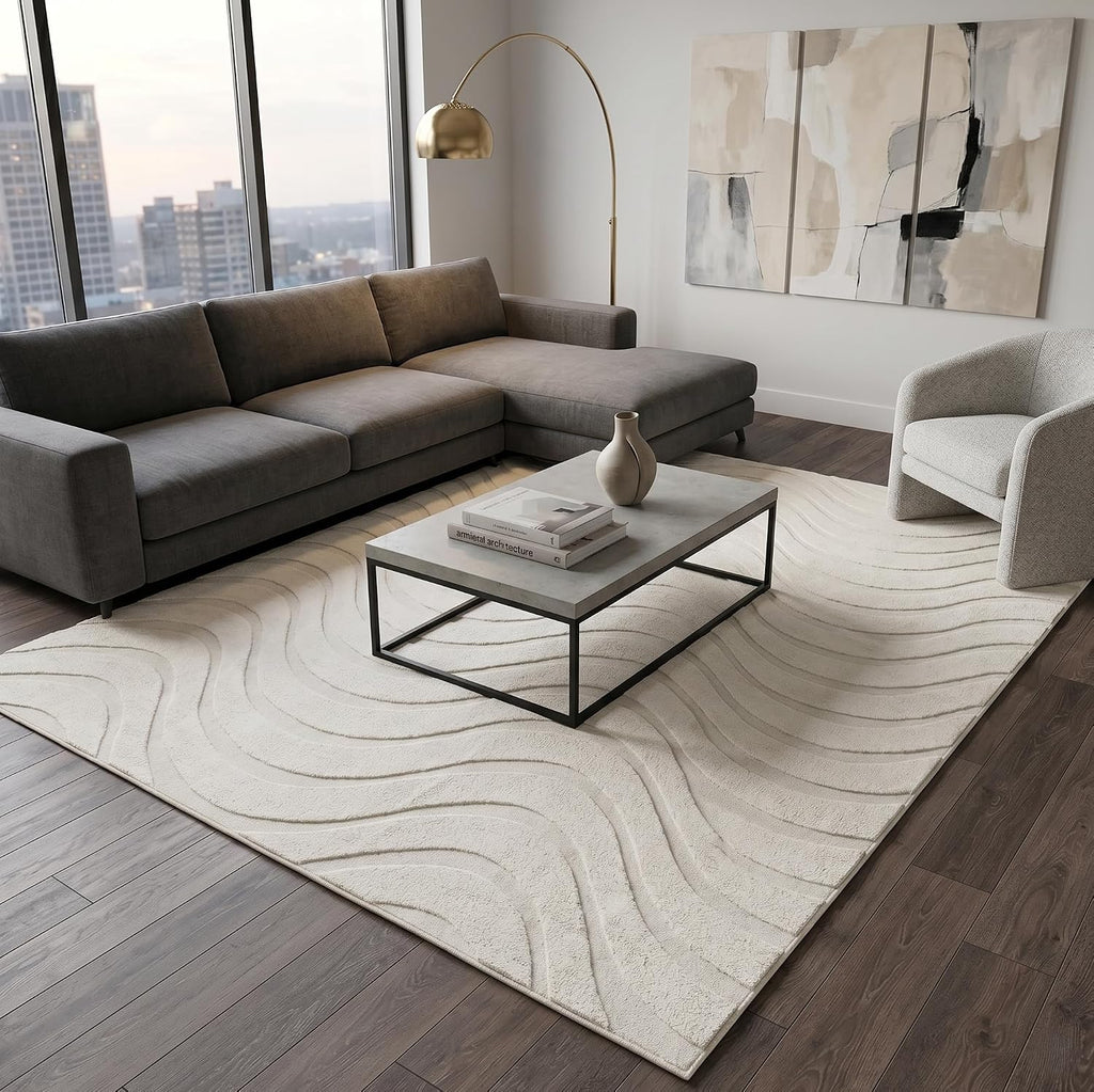 Pearl Cream Waves Washable Rug - Rugsco.ca
