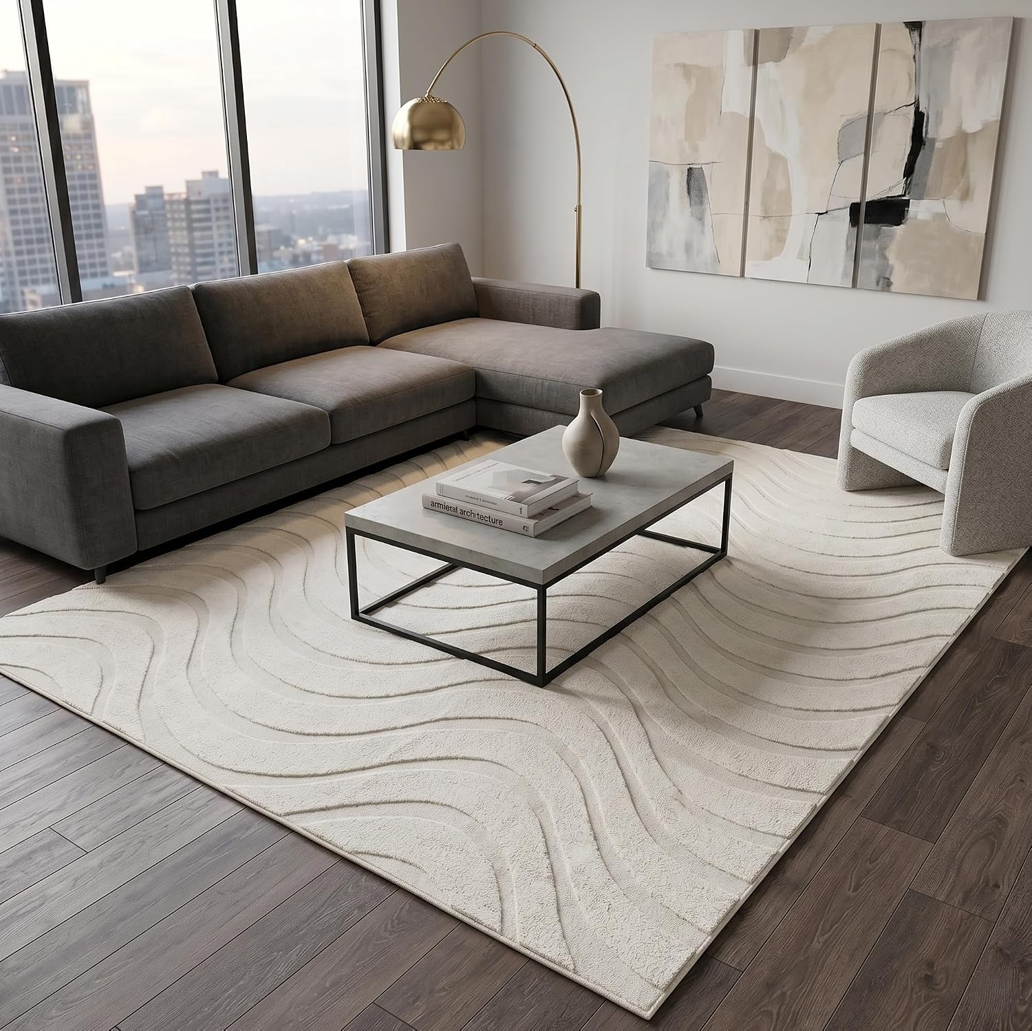 Pearl Cream Waves Washable Rug - Rugsco.ca